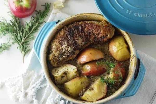 Cider Braised Pork Tenderloin with Apples on a bowl.