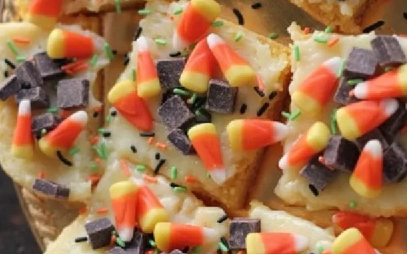 Cheesecake bars topped with candy corns