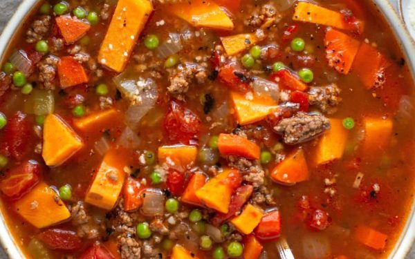 Delicious hamburger soup in bowl.