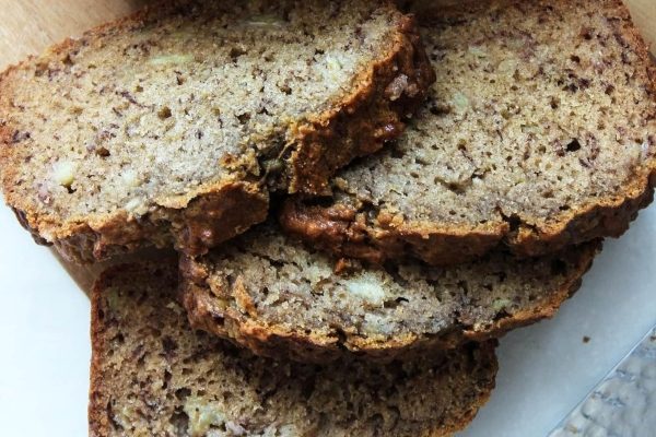 Sliced moist banana bread stack on top of each other.