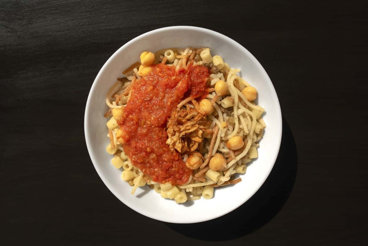 Egypt’s Kushari in a white bowl.
