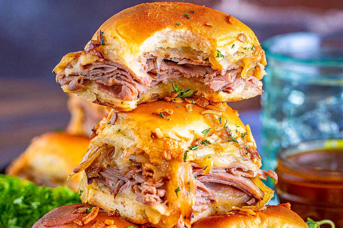 French dip sliders with an au jus dip.