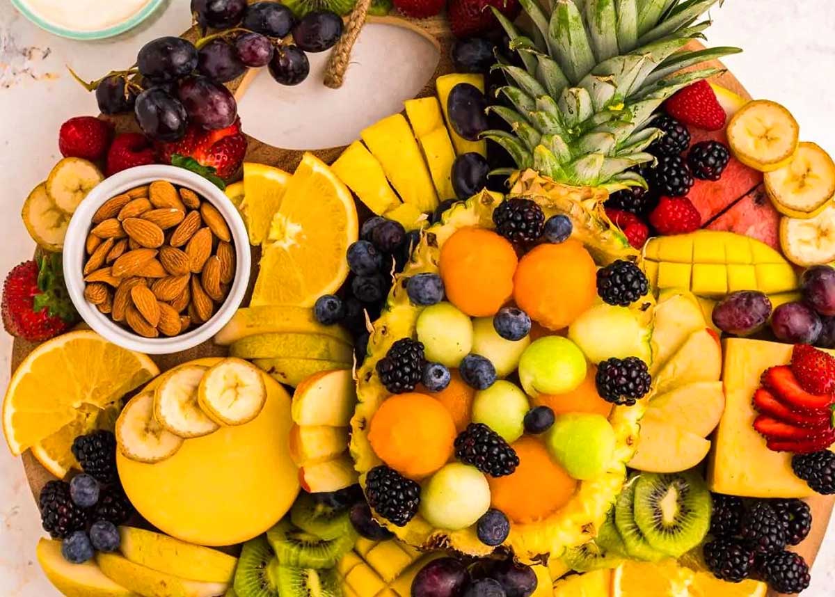 Overhead view of a fresh fruit platter.
