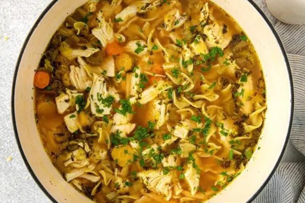 Grandma’s Rotisserie Chicken Noodle Soup on a dish.