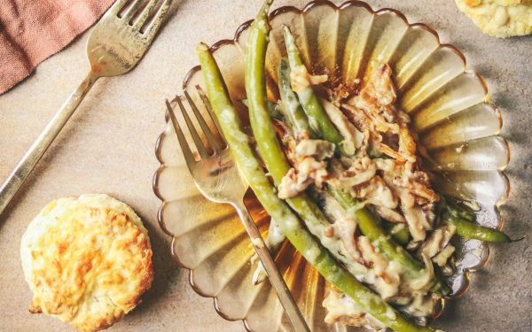 Green bean casserole on a plate.