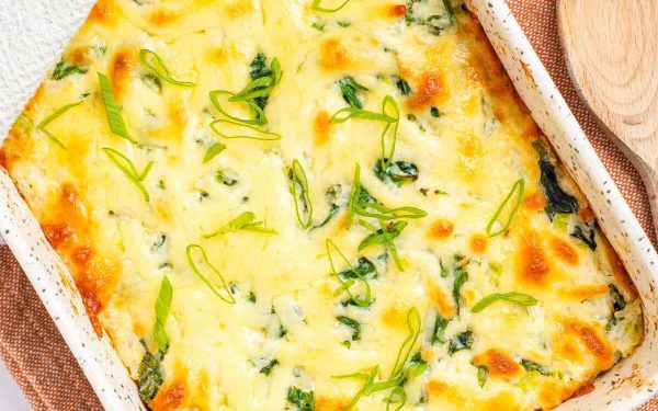 Rice casserole in a white baking dish.