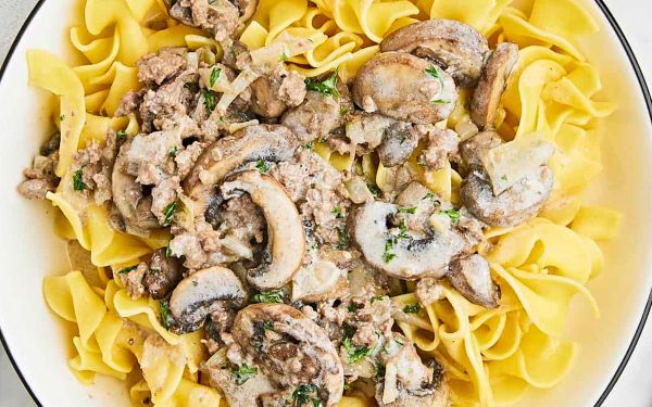 Beef stroganoff on noodles in a white bowl.