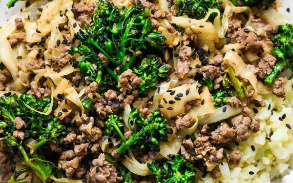 Ground beef and cabbage on noodles.