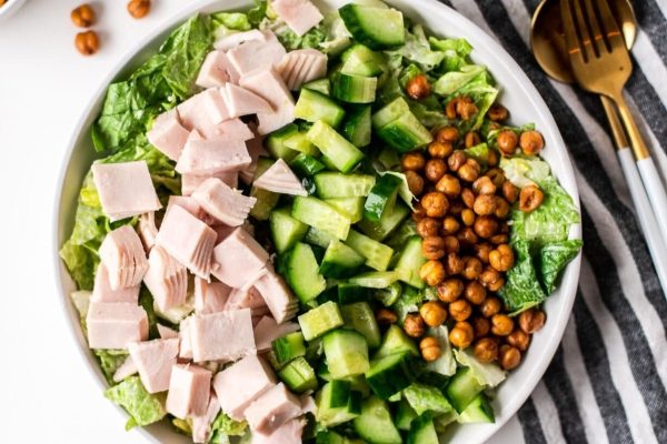 Salad made with leftover turkey, chickpeas, and vegetables. 