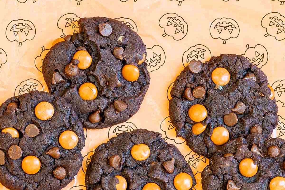 halloween cookies with orange m&ms.
