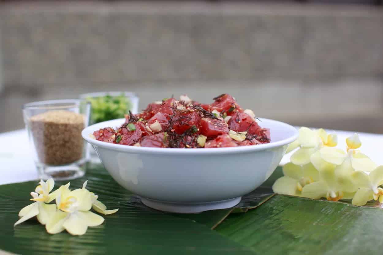 Hawaii’s Poke ahi tuna in a white bowl.