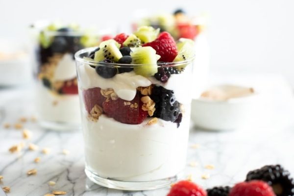 Yogurt parfait with berries and granola.