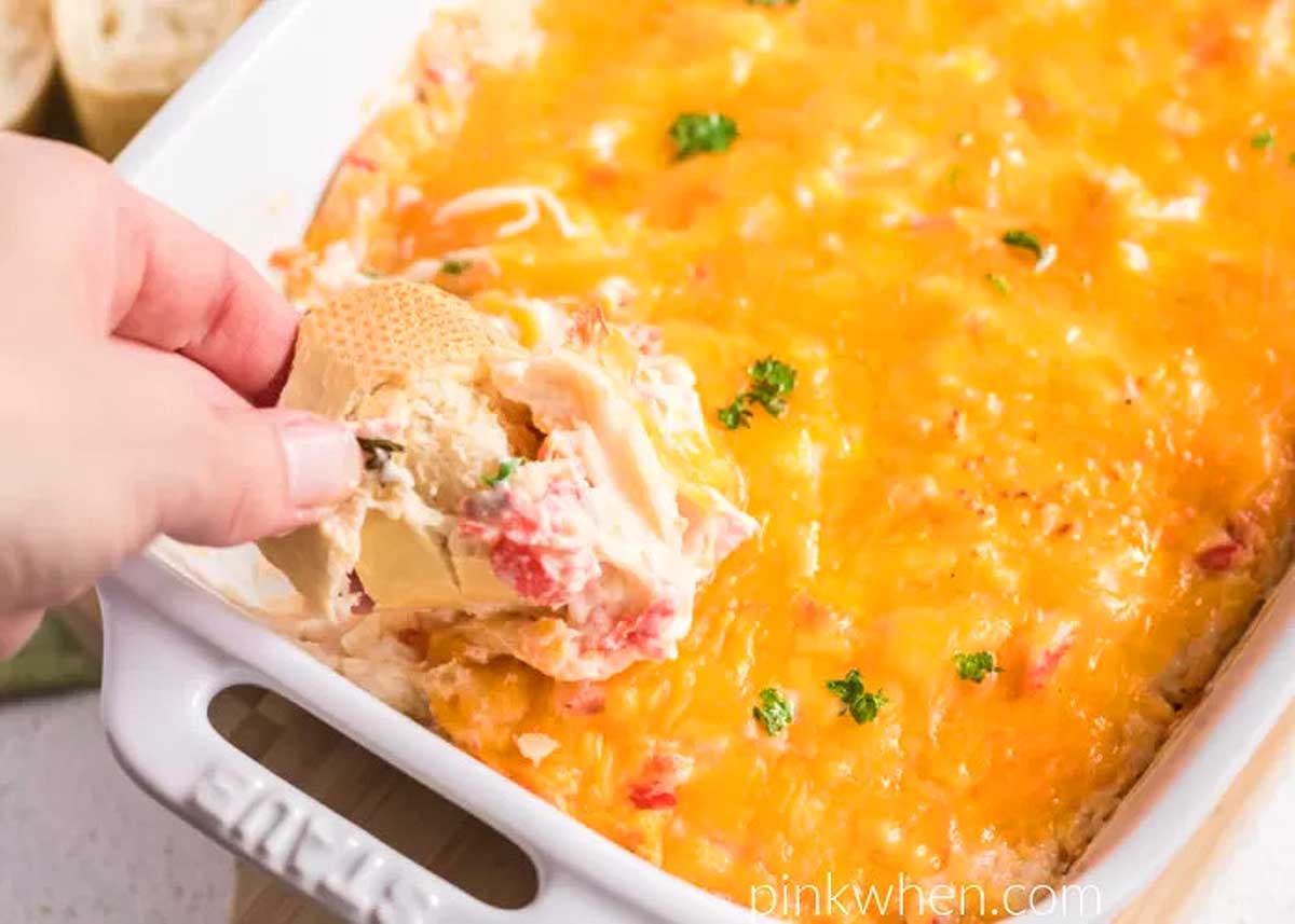 crab cake dip in a white dish.