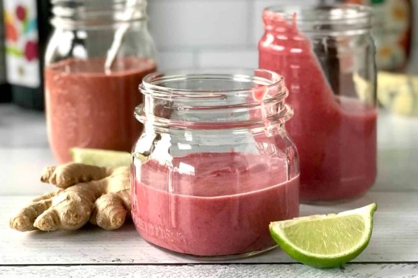 Vinaigrette made with leftover cranberry sauce in a jar. 