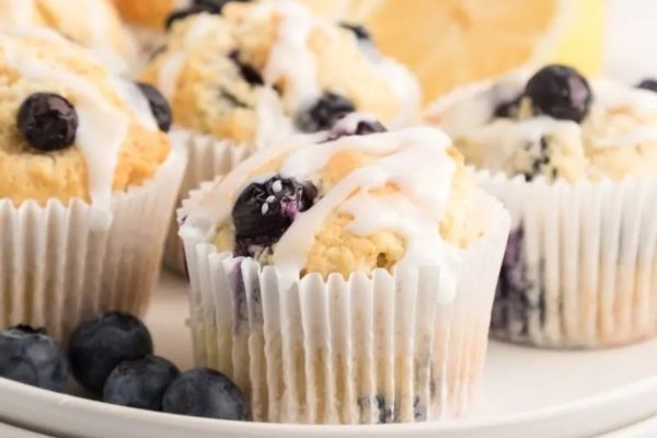 Classic lemon blueberry muffins with a sweet glaze.