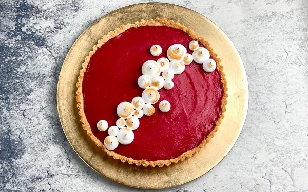 Overhead shot of cranberry curd tart