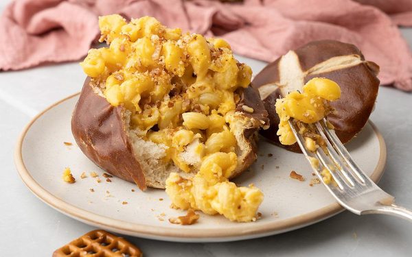 Mac and cheese in a pretzel bowl