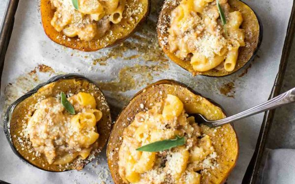 Mac and cheese served on acorn squash bowls