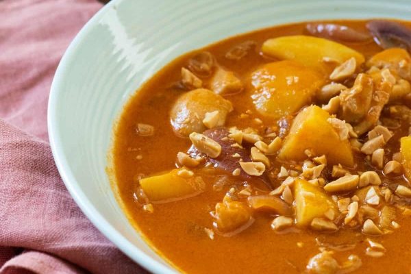 Chicken curry with coconut milk sauce and tender potatoes.