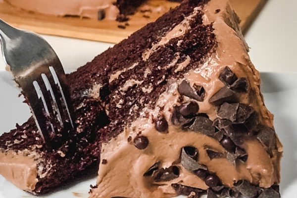 A slice of chocolate cake on a plate with a fork.