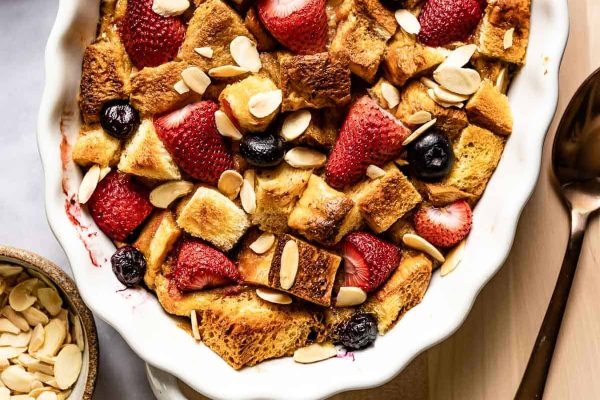 French toast casserole in a white dish.