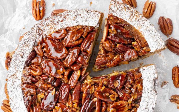 Whole Pecan Upside Down Cake that is sliced