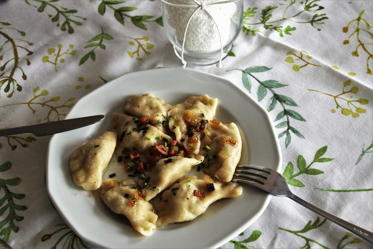 Poland’s Perogies on a white plate.
