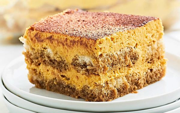One slice of Pumpkin Tiramisu on a plate