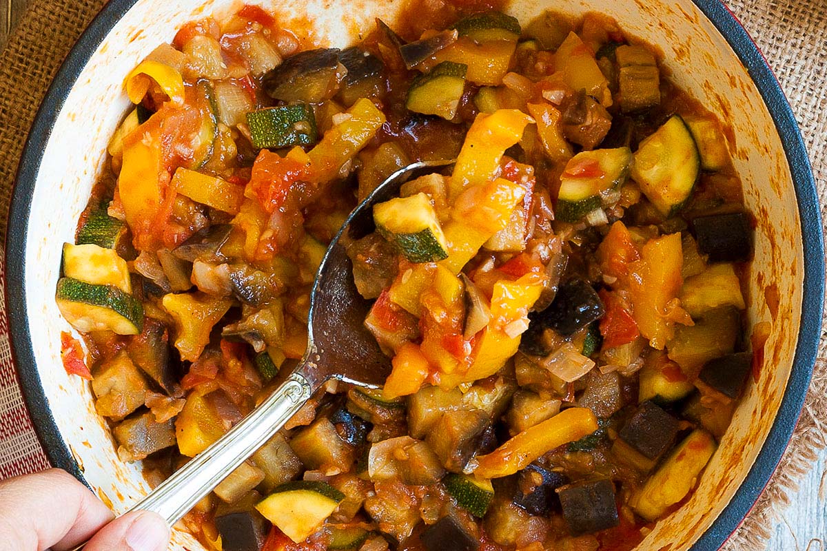 Diced eggplant, zucchini, onions and tomatoes.