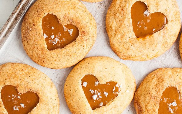 Close-up shot of salted caramel heart center snickerdoodles on a tray