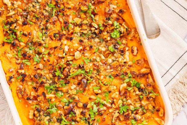 Sweet potato casserole in a baking dish.