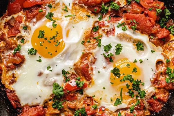 A skillet with eggs, tomatoes and parsley.