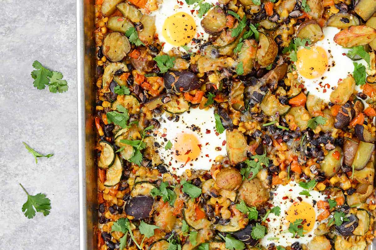 Colorful breakfast hash with vegetables.