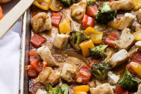 Sheet Pan Chicken Stir Fry on a tray.