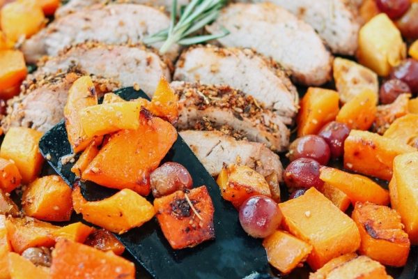 Sheet Pan Pork Tenderloin with Squash & Grapes. 