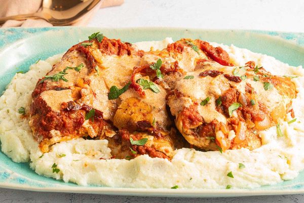 Slow cooker chicken on mashed potatoes.