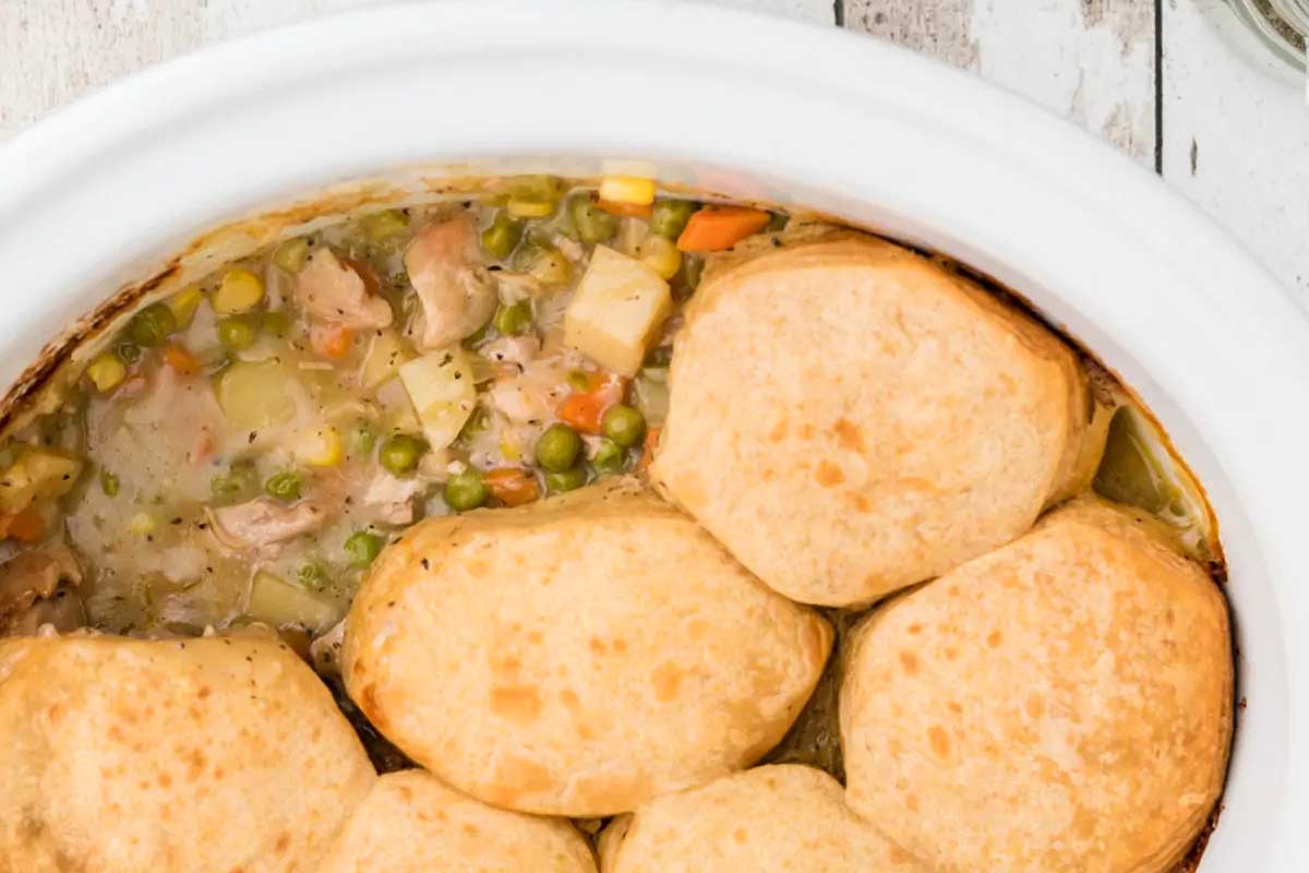Chicken Pot Pie in a white dish.