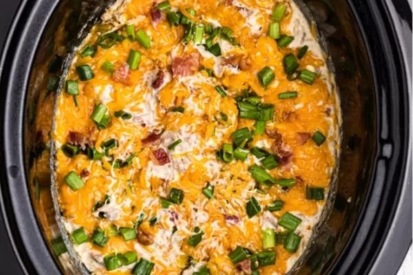 Slow cooker crack chicken in a dish.