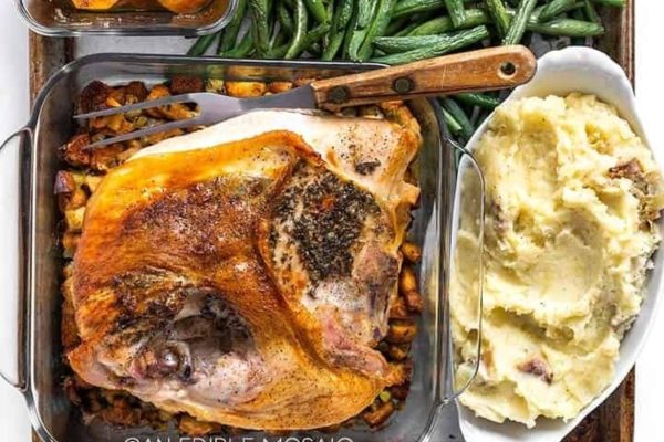 Small Thanksgiving Dinner For 4 with mashed potatoes and carving knife. 