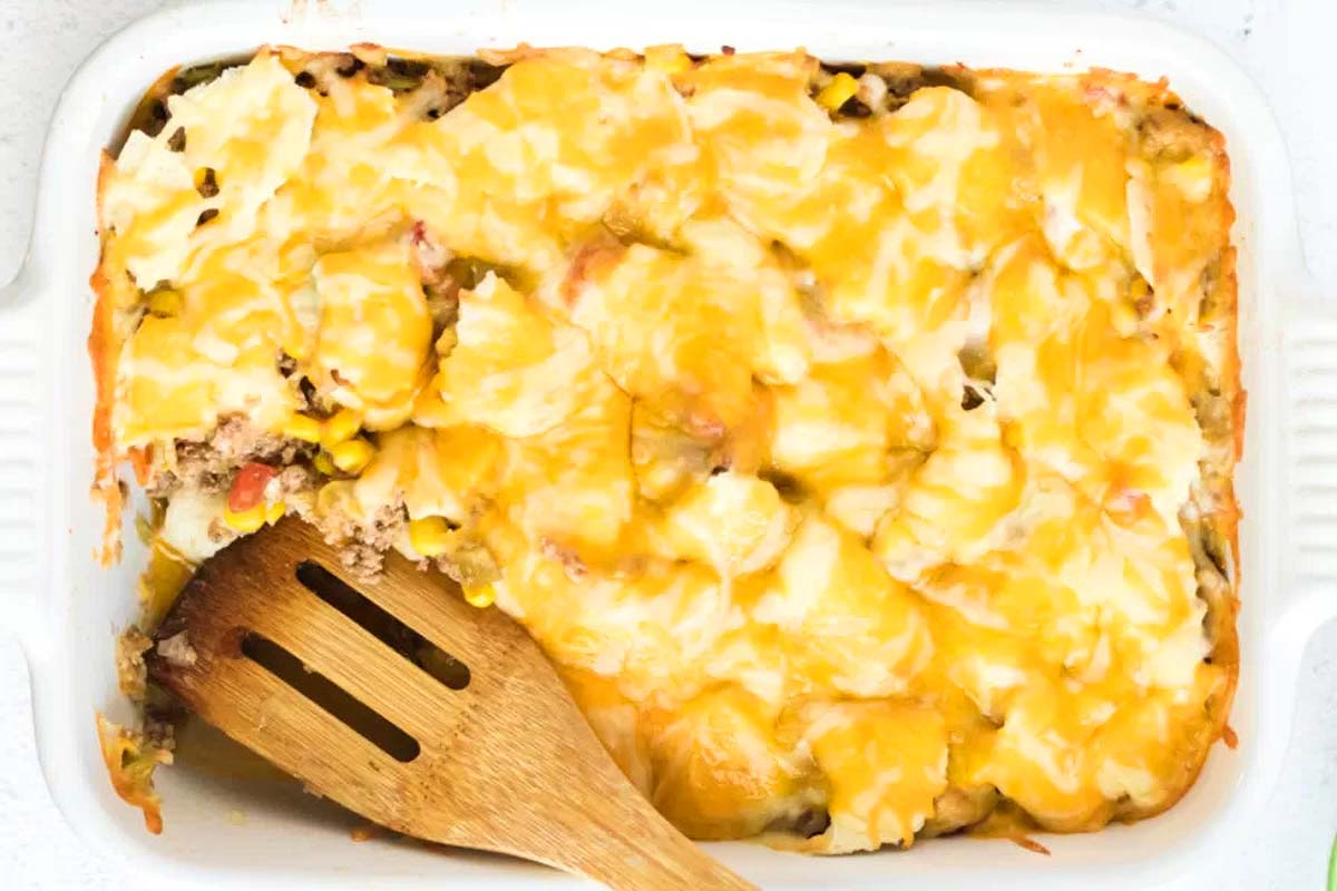 A taco casserole with loads of melty cheese on top.