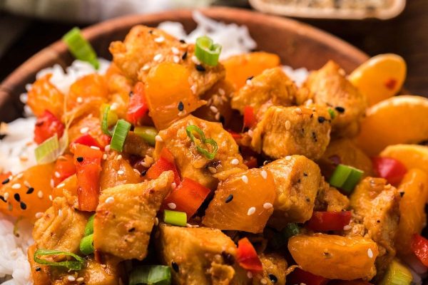 Tasty Tangerine chicken served over rice. 