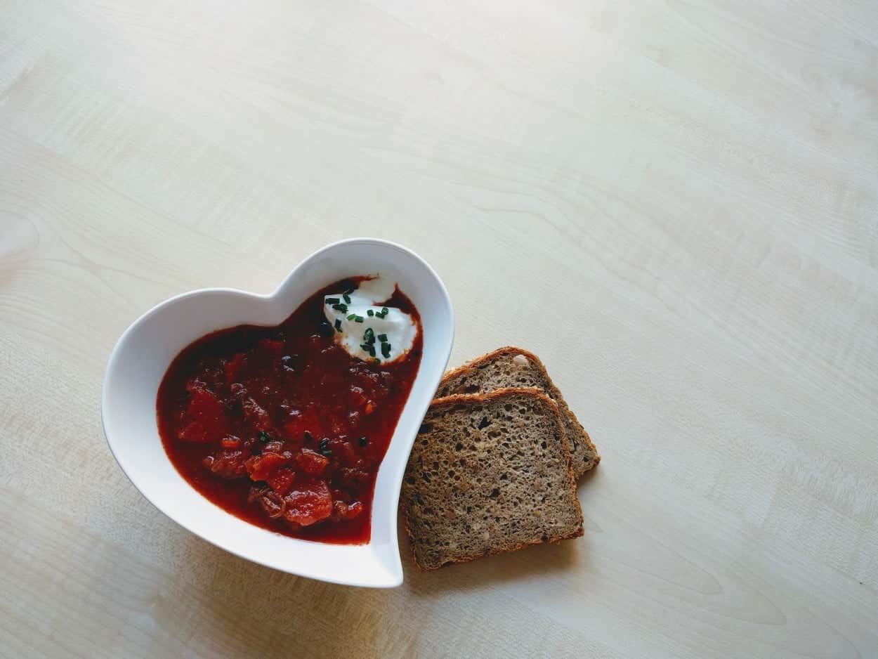 Ukraine’s Borscht beet soup with bread.