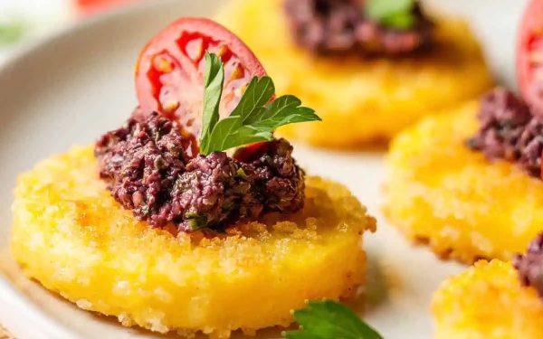 Polenta bites with tomato on top.