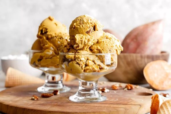 Sweet potato ice cream served in an ice cream bowl. 