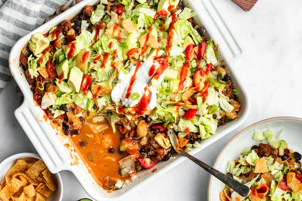 A casserole made of taco seasonings, meat and black beans.