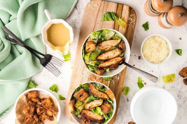 Air fryer chicken salad in three bowls.