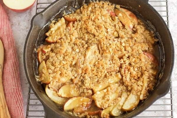 Delicious Apple Crisp in a skillet pan.