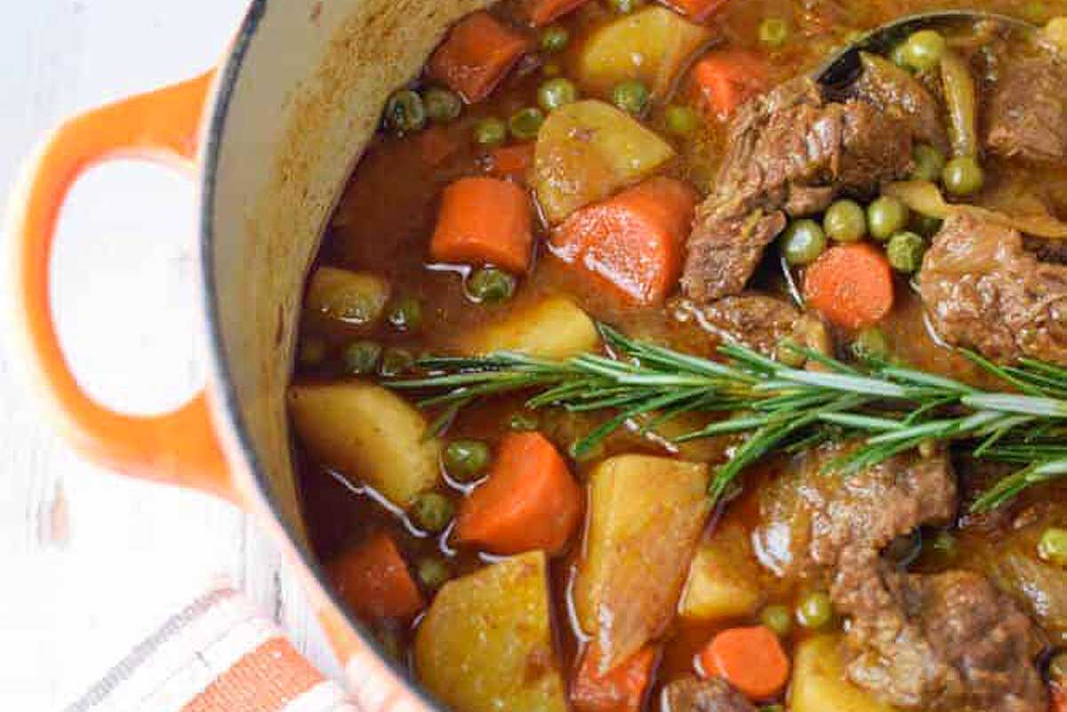 Apple cider beef stew with vegetables.