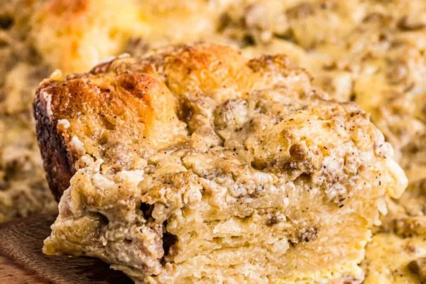 A serving of biscuit and gravy casserole. 