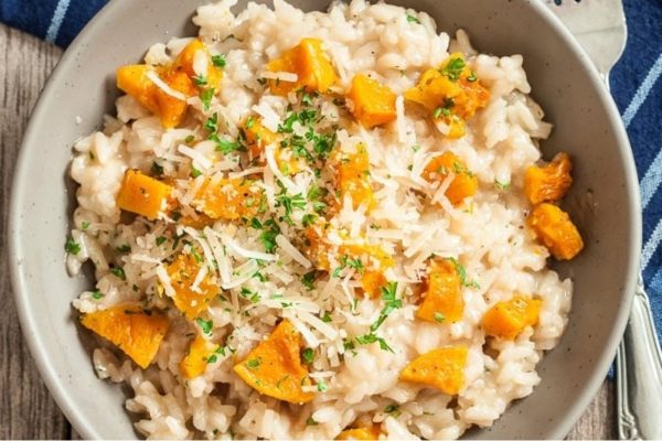 Bowl of risotto with squash.
